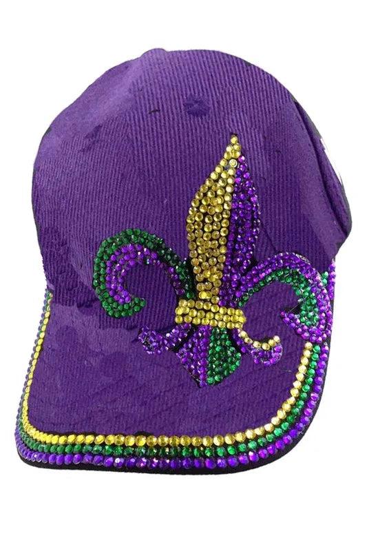 Purple Mardi Gras Fleur De Lis Rhinestone Baseball Cap