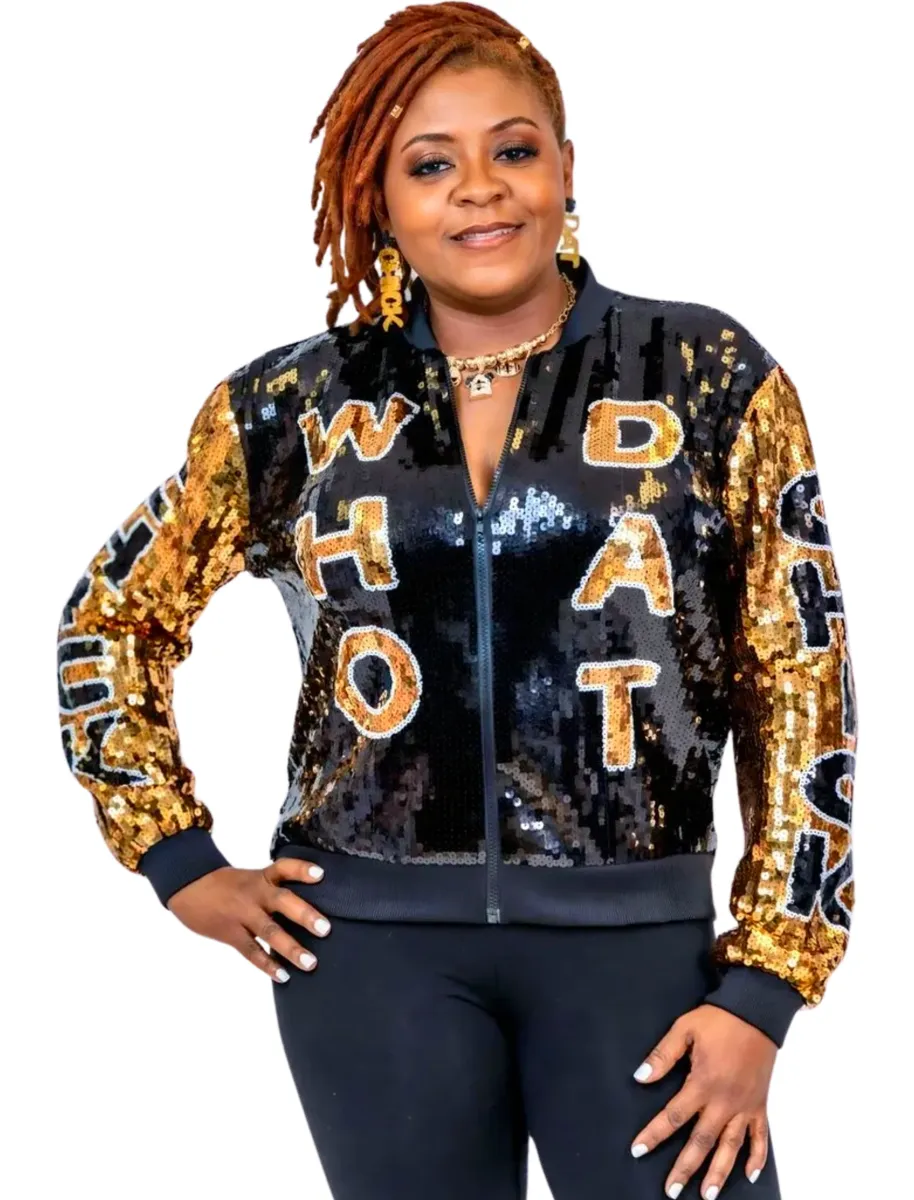 Who Dat Chick Black & Gold Sequin Bomber Jacket