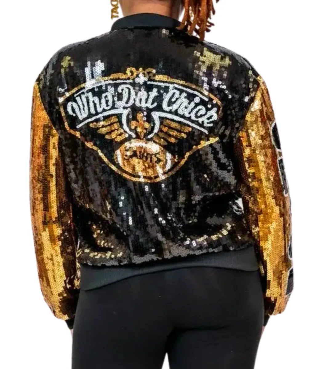 Who Dat Chick Black & Gold Sequin Bomber Jacket