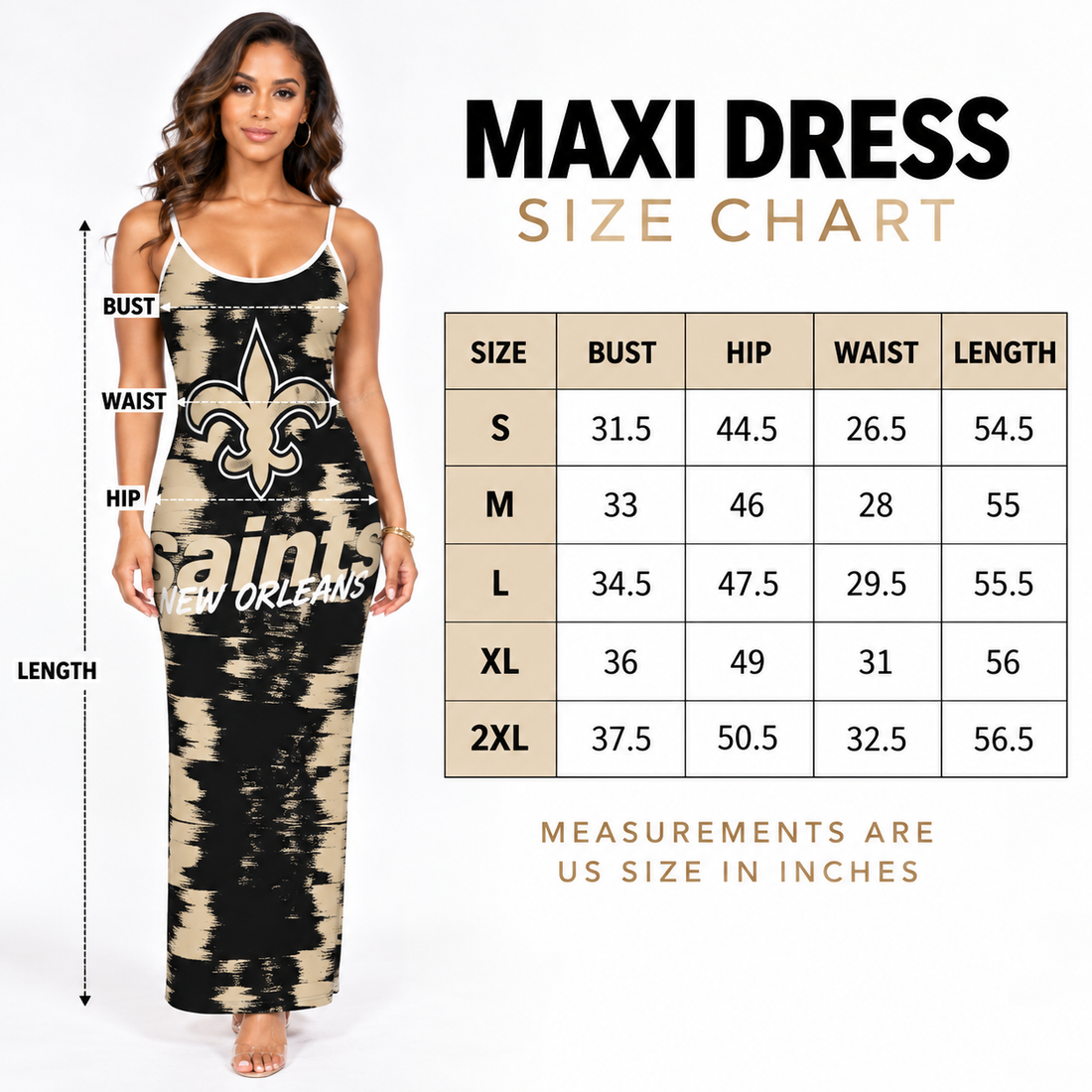 New Orleans Saints Women's Sleeveless Golden Static Maxi Dress