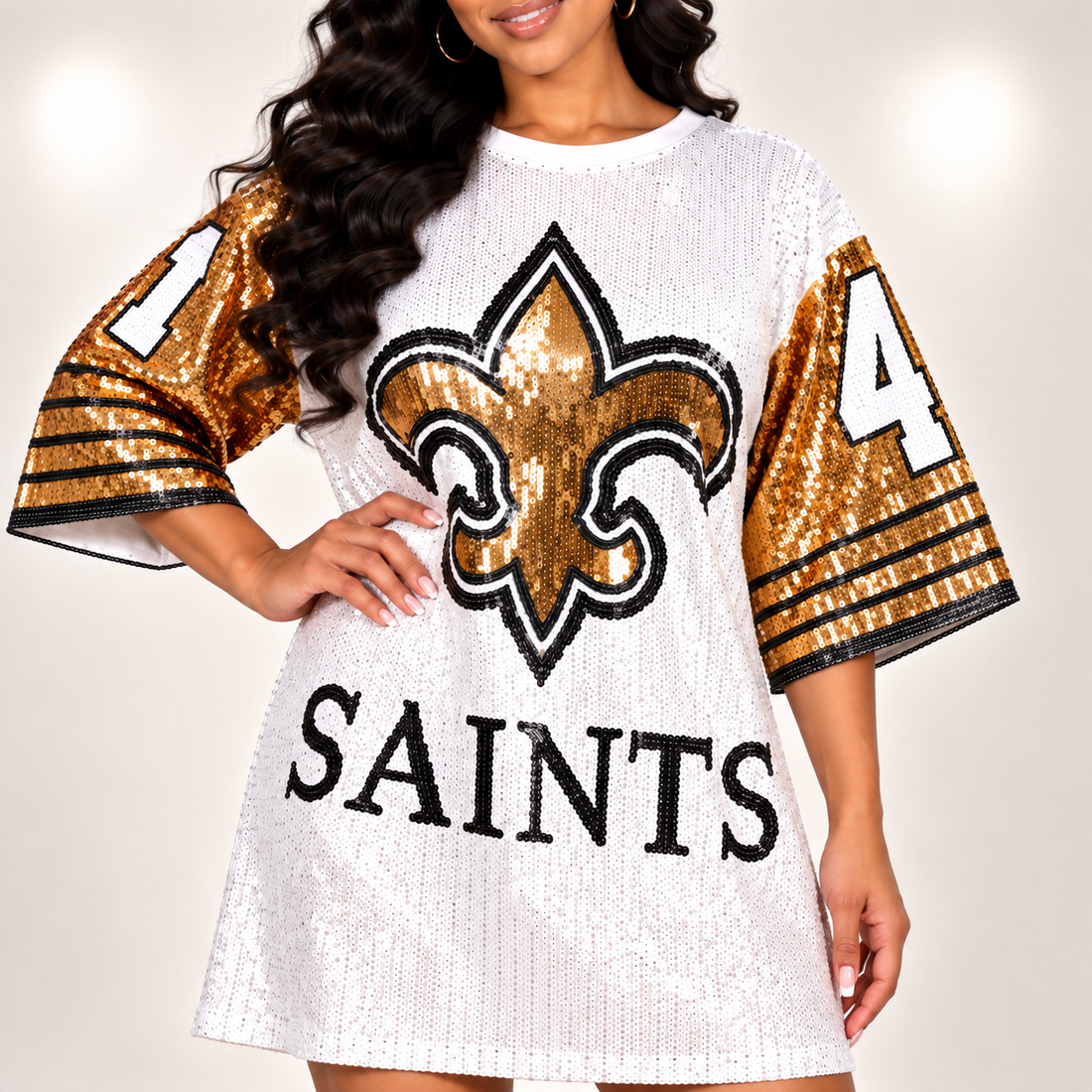New Orleans Saints Alvin Kamara White & Gold Sequin Jersey Party Dress