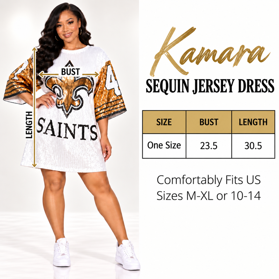 New Orleans Saints Alvin Kamara White & Gold Sequin Jersey Party Dress