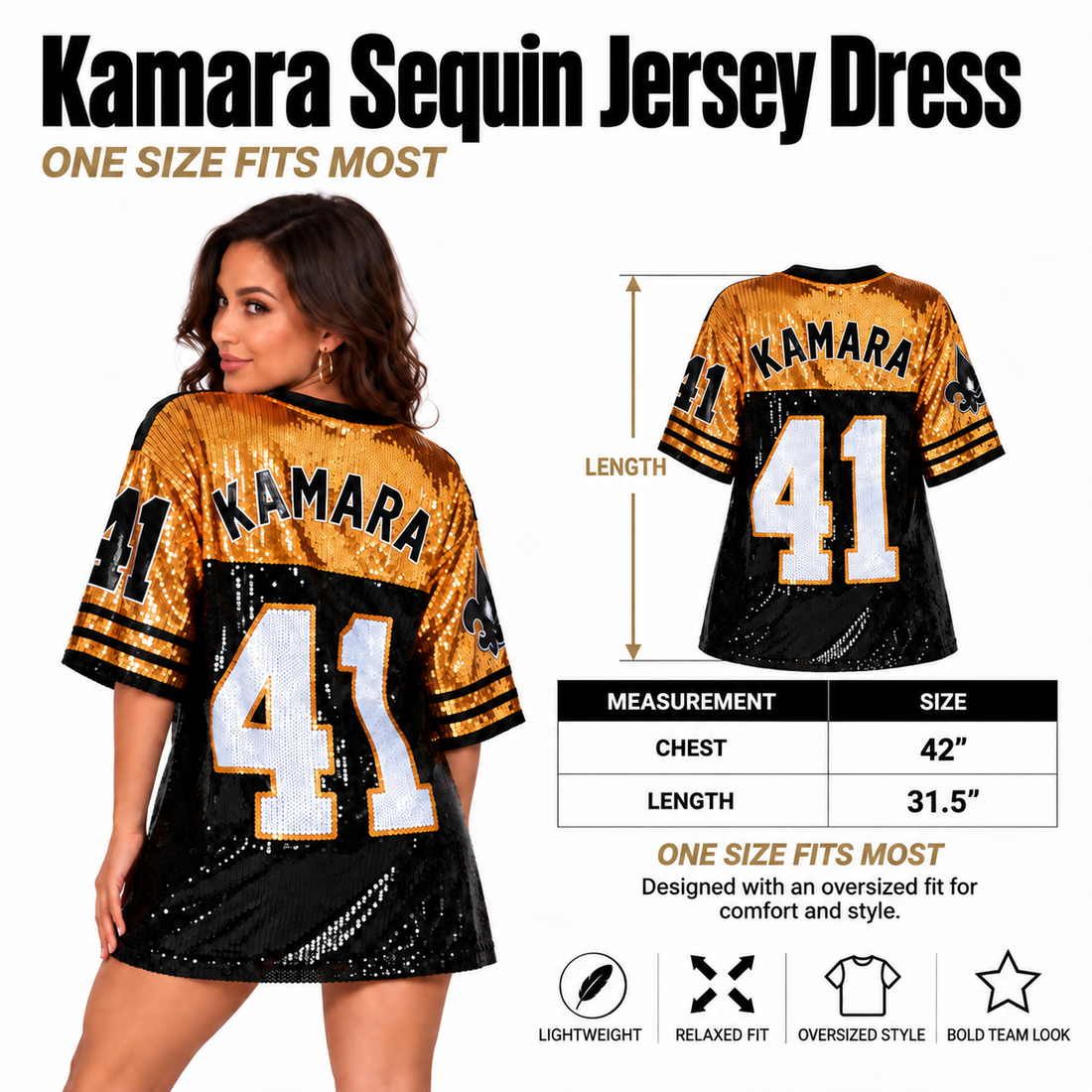 Alvin Kamara Black & Gold #41 Sequin Jersey Dress