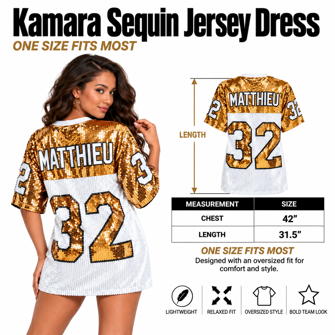 New Orleans Saints Tyrann Mathieu White & Gold Sequin Jersey Dress