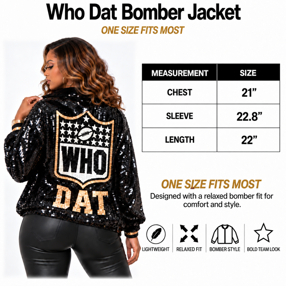 Women's Black & Gold "WHO DAT" Sequin Bomber Jacket