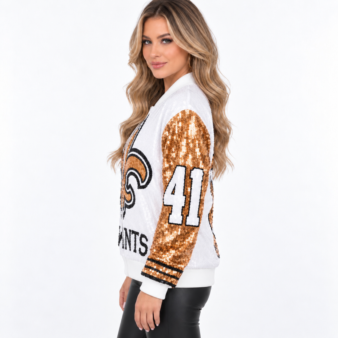 New Orleans Saints White and Gold Alvin Kamara Sequin Bomber Jacket