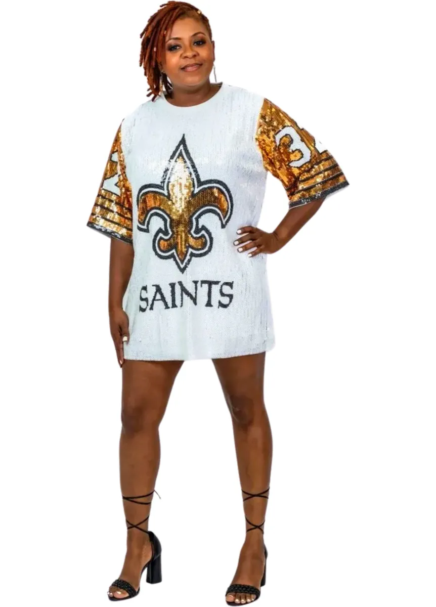 Tyrann Mathieu White & Gold #32 Sequin Jersey Dress The Who Dat Store Tyrann Mathieu White & Gold #32 Sequin Jersey Dress The Who Dat Store