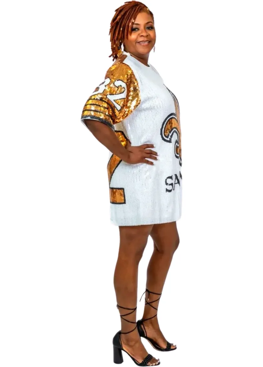 white and gold jersey dress Tyrann Mathieu White & Gold #32 Sequin Jersey Dress The Who Dat Store