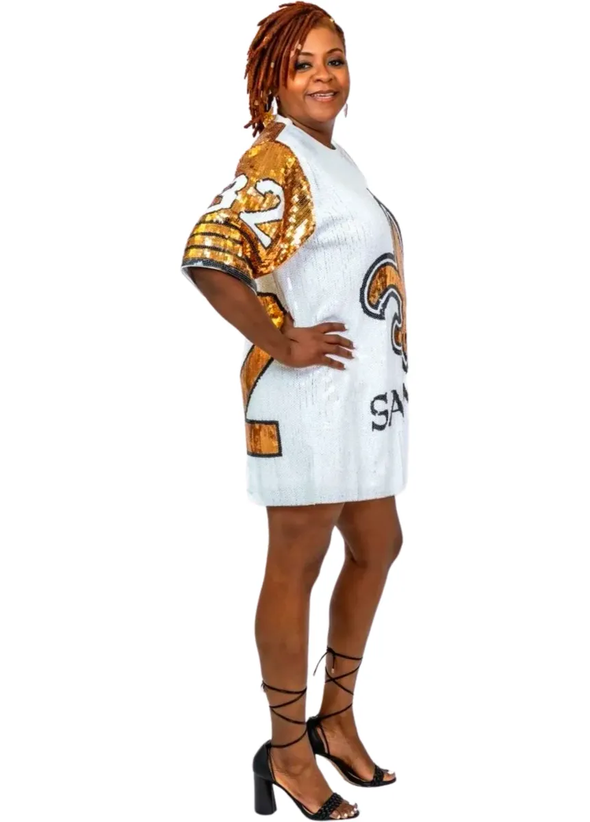 New Orleans Saints Tyrann Mathieu White & Gold Sequin Jersey Dress