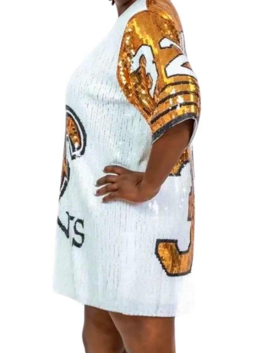 Tyrann Mathieu White & Gold #32 Sequin Jersey Dress The Who Dat Store Tyrann Mathieu White & Gold #32 Sequin Jersey Dress The Who Dat Store