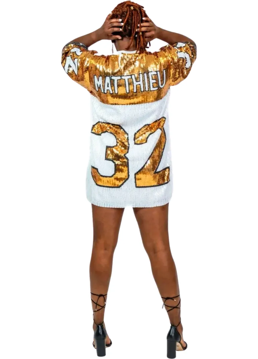 Tyrann Mathieu White & Gold #32 Sequin Jersey Dress The Who Dat Store Tyrann Mathieu White & Gold #32 Sequin Jersey Dress The Who Dat Store