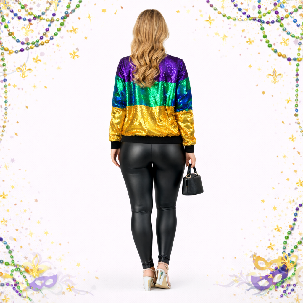Mardi Gras Color Block Sequin Bomber Jacket