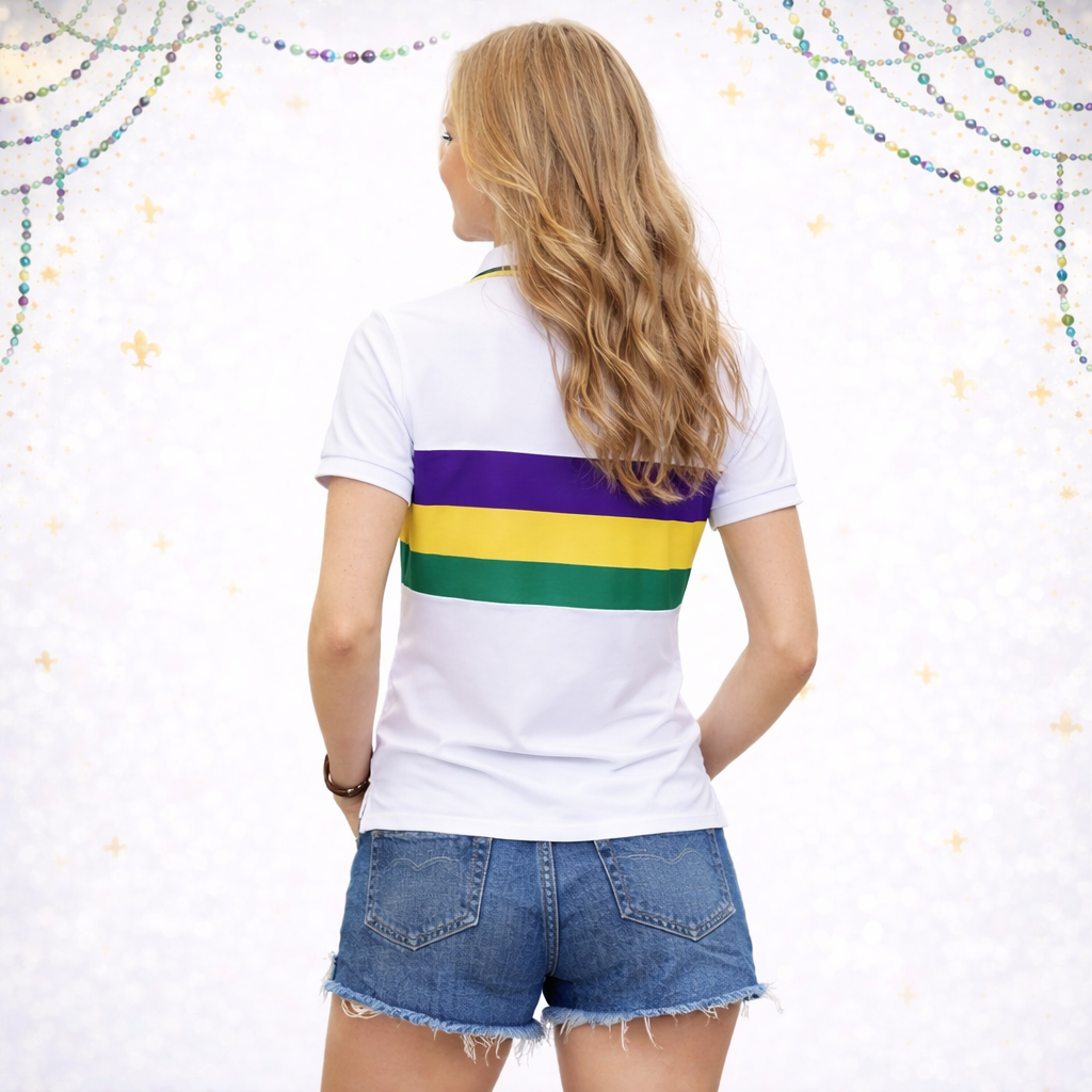 Women's Mardi Gras White Short Sleeve Color Block Polo Shirt
