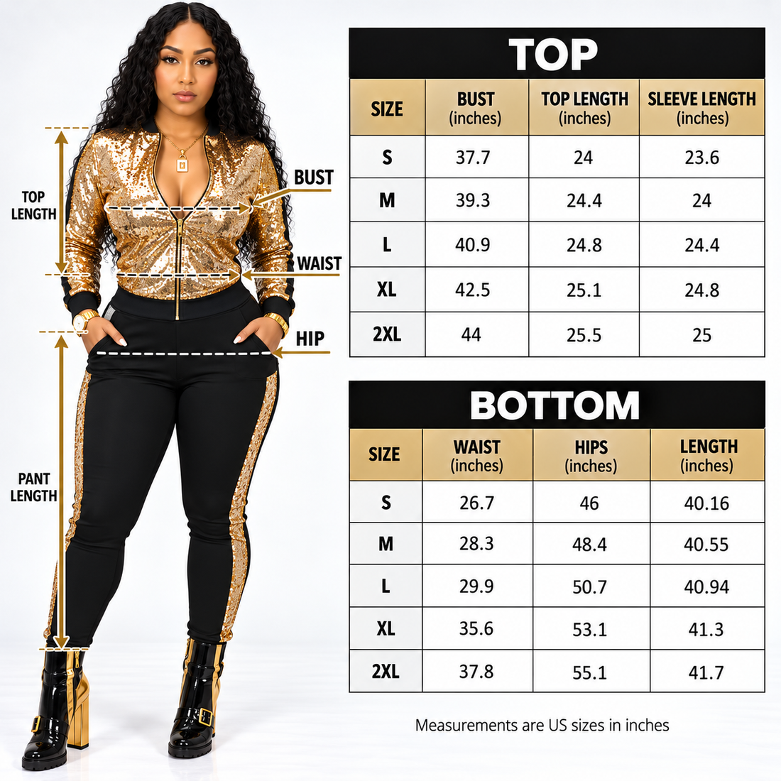 Women's Black & Gold Sexy Sequin Two-Piece Pants Set
