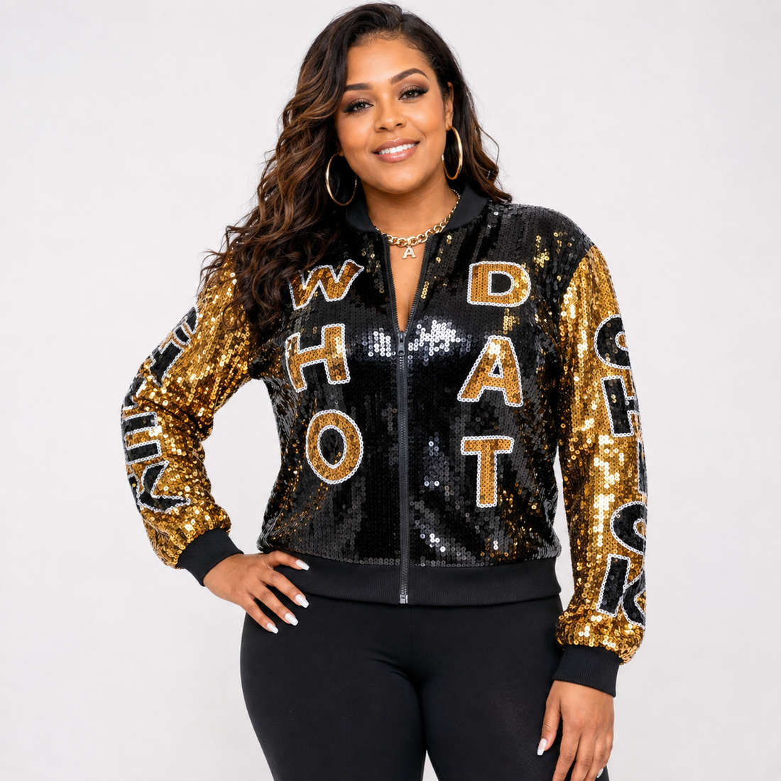 Who Dat Chick Black & Gold Sequin Bomber Jacket