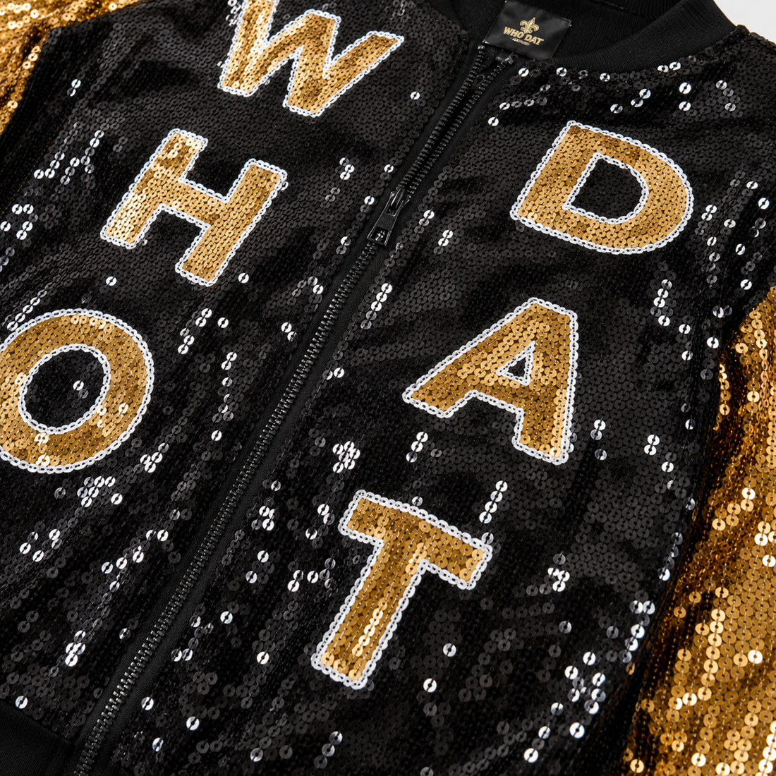Who Dat Chick Black & Gold Sequin Bomber Jacket