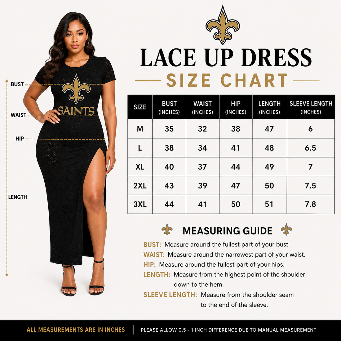 New Orleans Saints Women's "Black Elegance" Bodycon Lace Up Dress