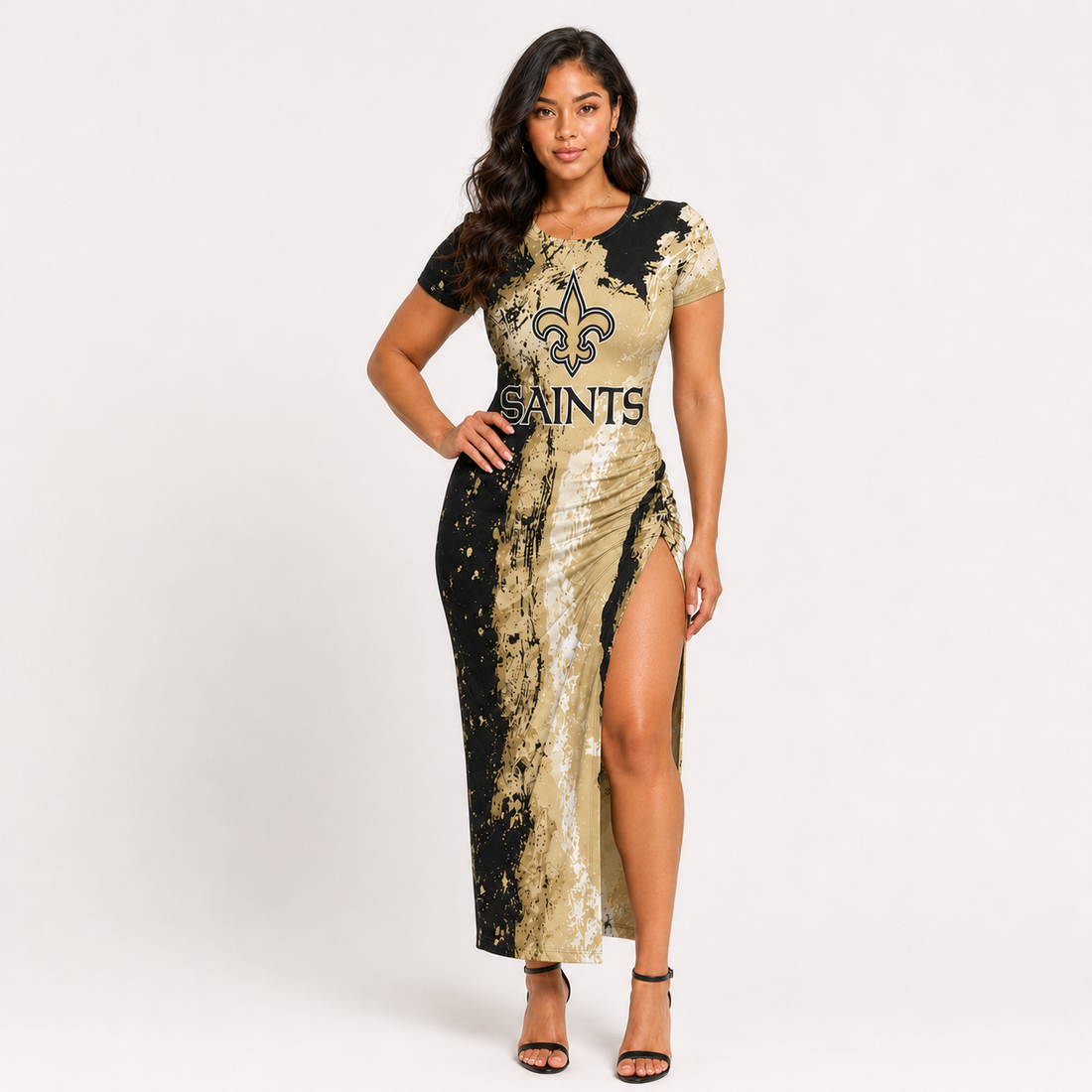 New Orleans Saints Women's Black & Gold Sexy Splatter Bodycon Lace Up Dress