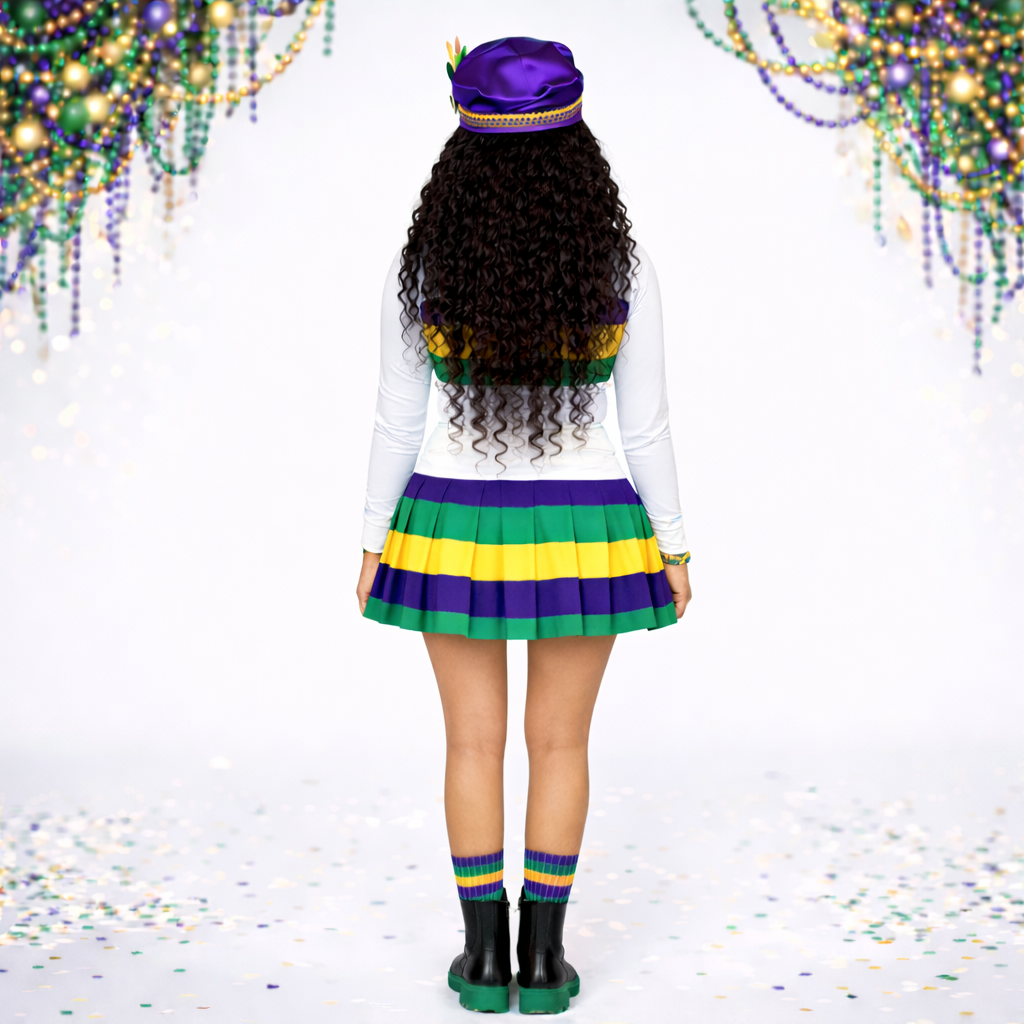 Women's Mardi Gras White Color Block Striped A-line Skirt Set