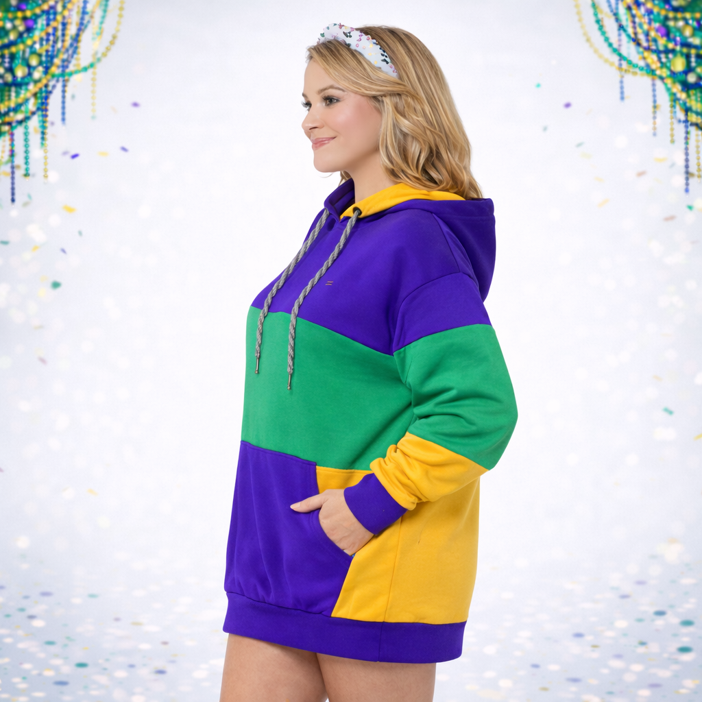 Women's Mardi Gras Long Sleeve Color Block Hoodie Dress