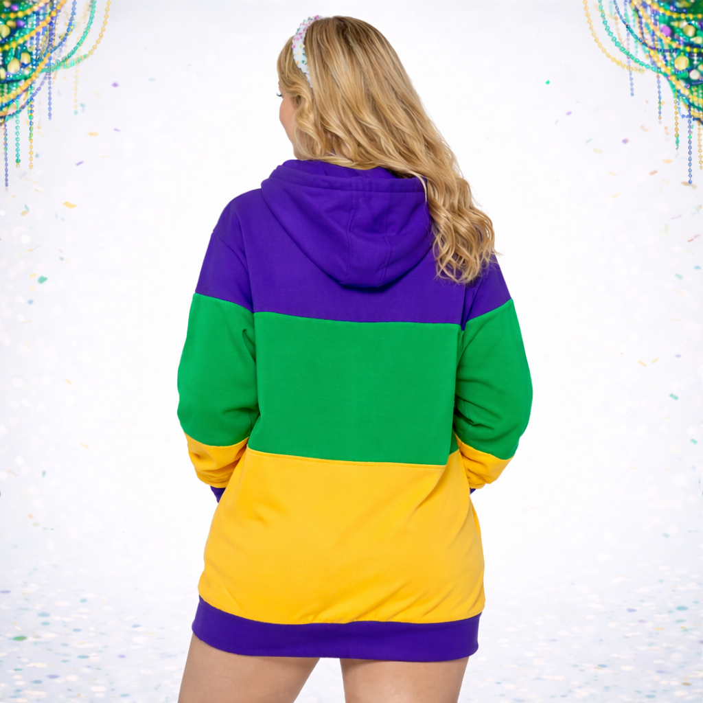 Women's Mardi Gras Long Sleeve Color Block Hoodie Dress