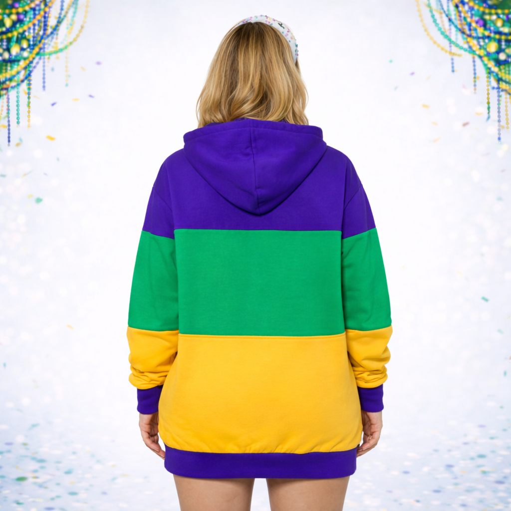 Women's Mardi Gras Long Sleeve Color Block Hoodie Dress