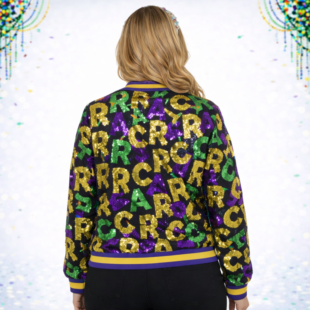 Mardi Gras Multi-Colored Letters Sequin Bomber Jacket