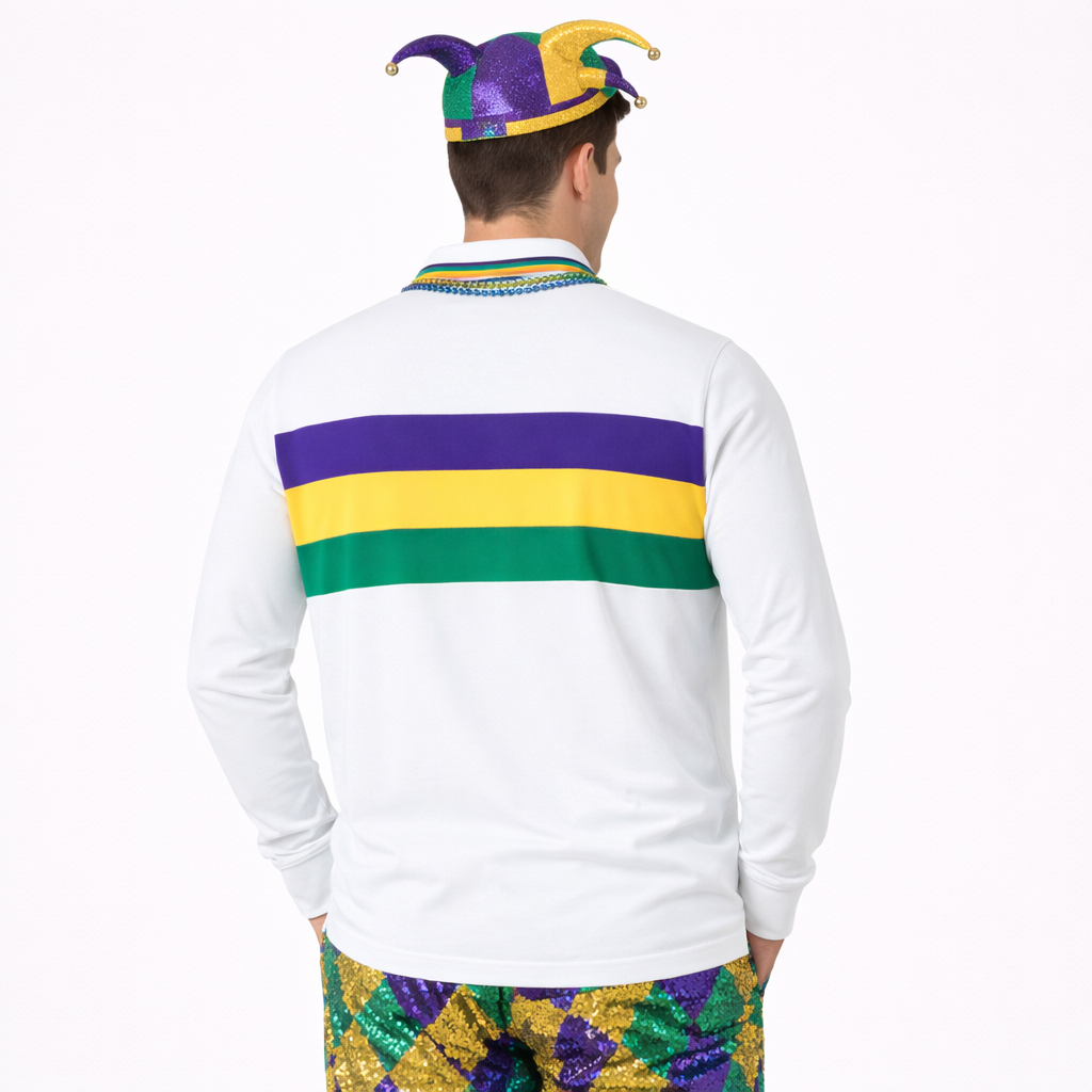 Men's Mardi Gras White Long Sleeve Color Block Polo Shirt