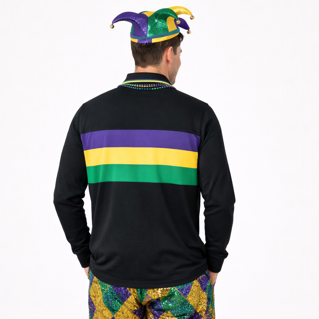Men's Mardi Gras Black Long Sleeve Color Block Polo Shirt