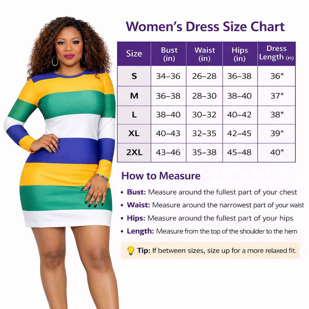 Mardi Gras "Stripped Elegance" Long Sleeve Causal Dress