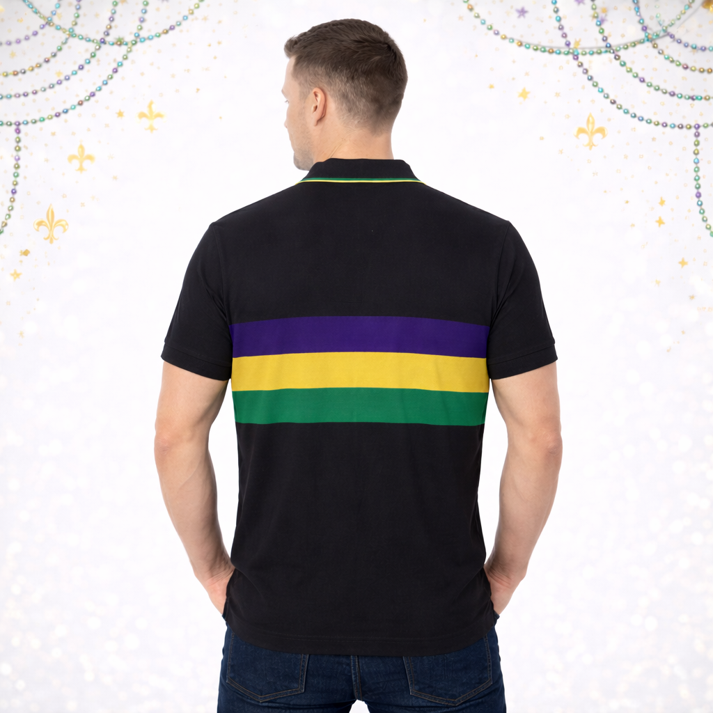 Men's Mardi Gras Black Short Sleeve Color Block Polo Shirt