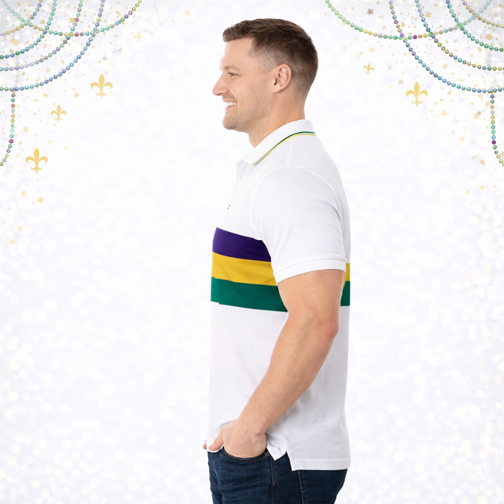 Men's Mardi Gras White Short Sleeve Color Block Polo Shirt