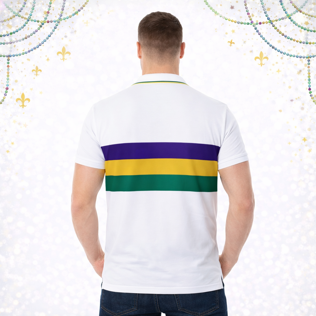 Men's Mardi Gras White Short Sleeve Color Block Polo Shirt