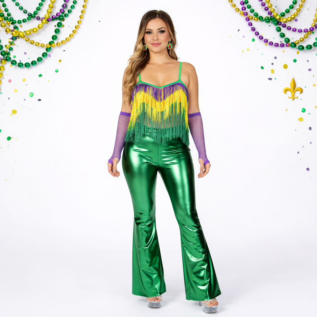 Women's Mardi Gras Green Metallic Flair Pants