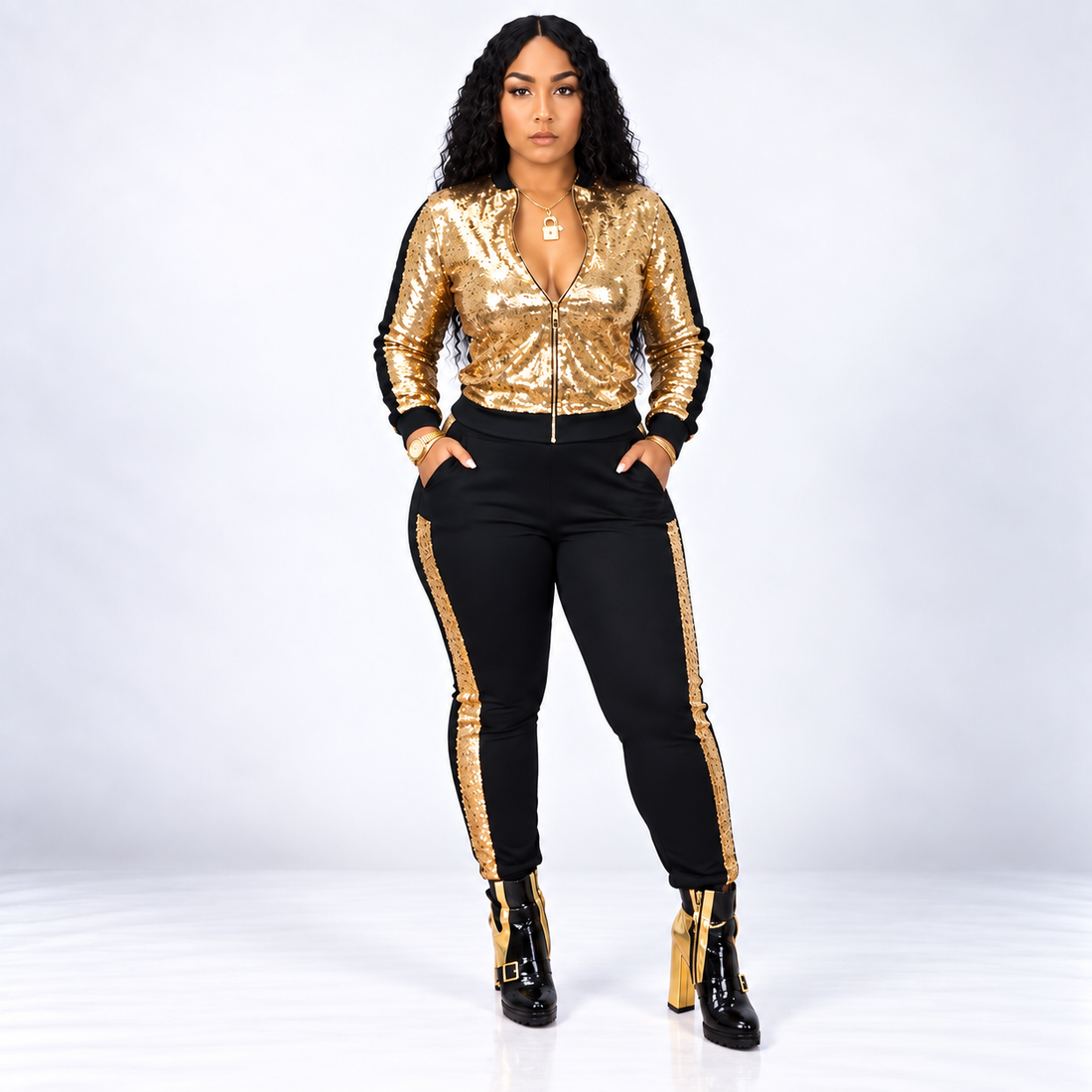 Women's Black & Gold Sexy Sequin Two-Piece Pants Set