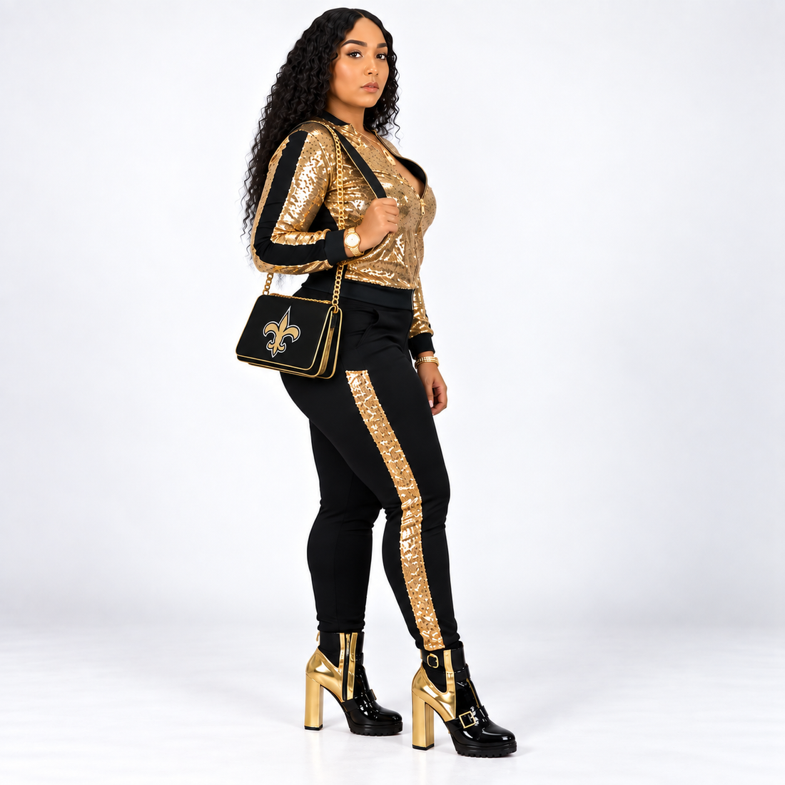 Women's Black & Gold Sexy Sequin Two-Piece Pants Set