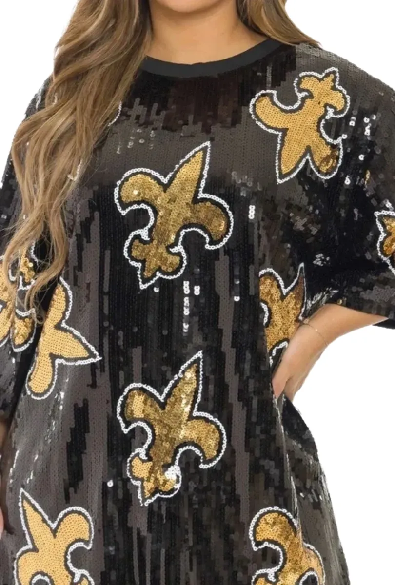 Women's Black "Golden De Lis" Sequin Jersey Party Dress