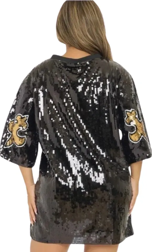 Women's Black "Golden De Lis" Sequin Jersey Party Dress