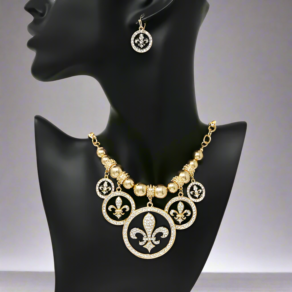 Women's Gold Rhinestone Fleur De Lis Antique Pendant Necklace Set