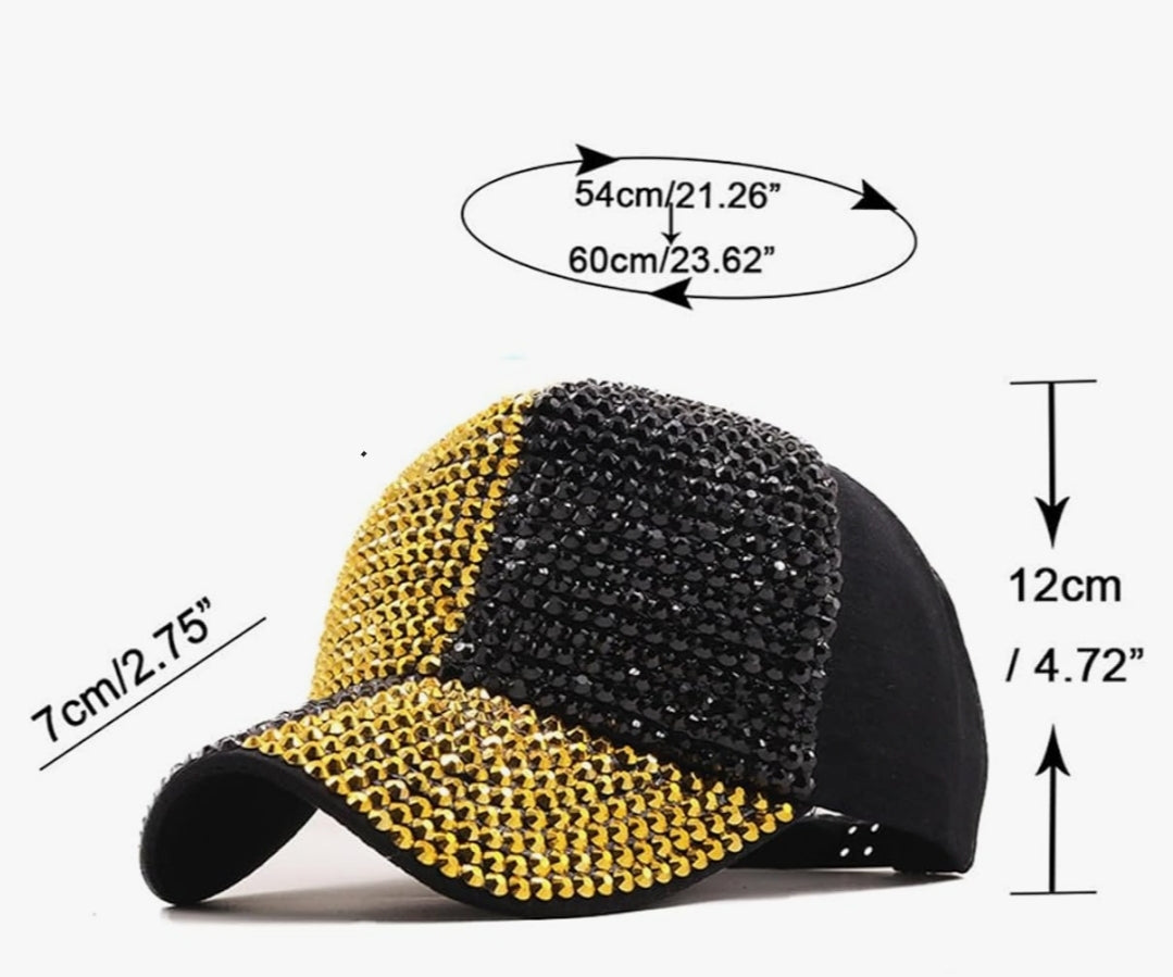 Women's Black and Gold Rhinestone Baseball Cap