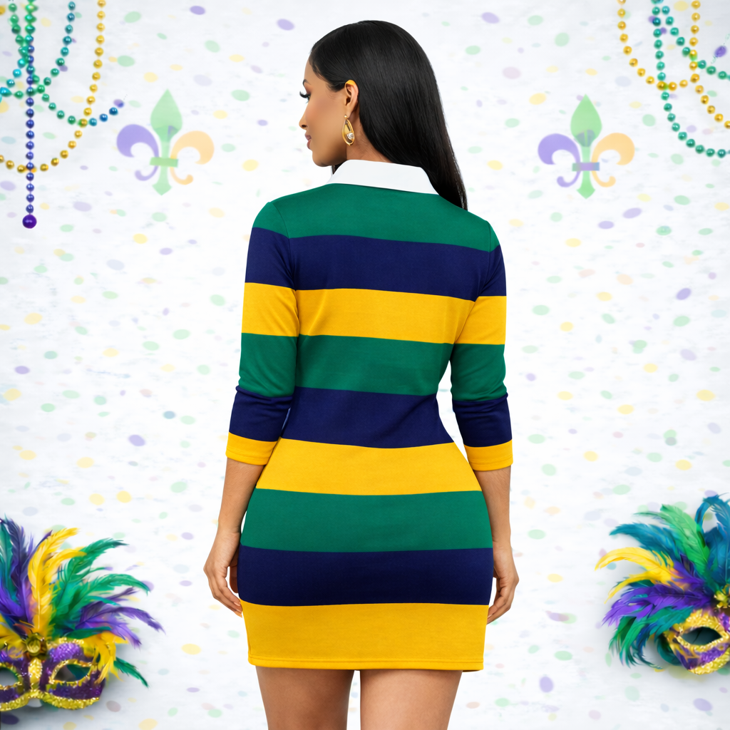 Women's Striped Mardi Gras Long Sleeve Rugby Polo Dress