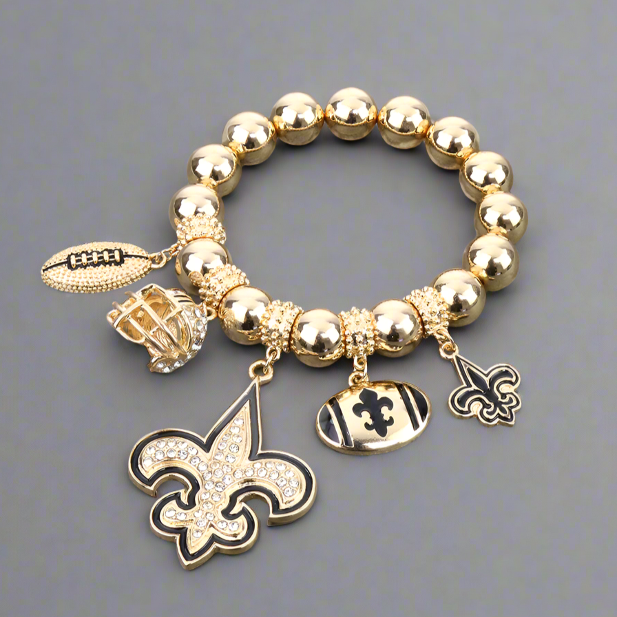 Women's Gold Rhinestone Fleur De Lis Football Pendant Necklace Set