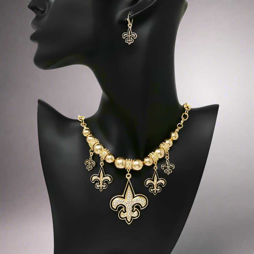 Women's Gold Rhinestone Fleur De Lis Multi-Pendant Necklace Set