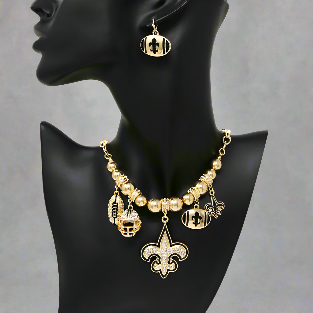 Women's Gold Rhinestone Fleur De Lis Football Pendant Necklace Set