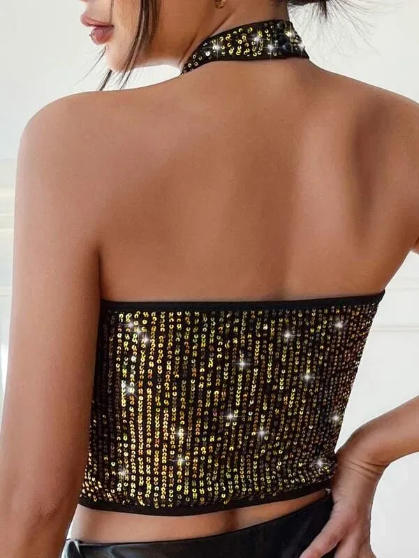 Women's Black and Gold Backless Sequin Halter Top