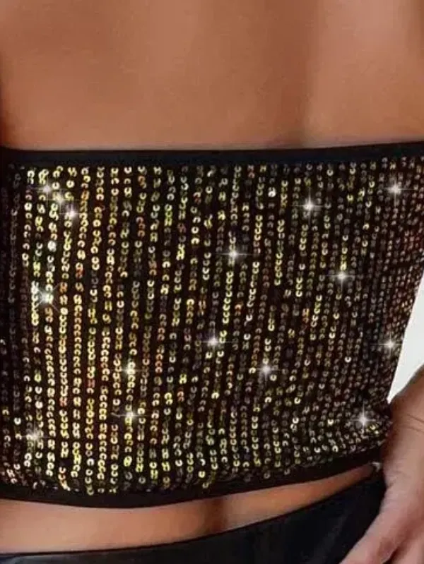 Women's Black and Gold Backless Sequin Halter Top