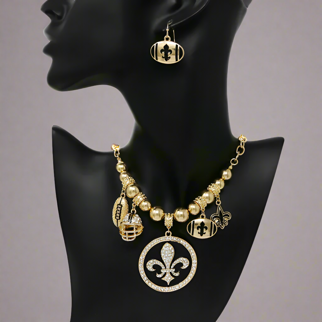 Women's Gold Rhinestone Fleur De Lis  Antique Pendant Necklace Set