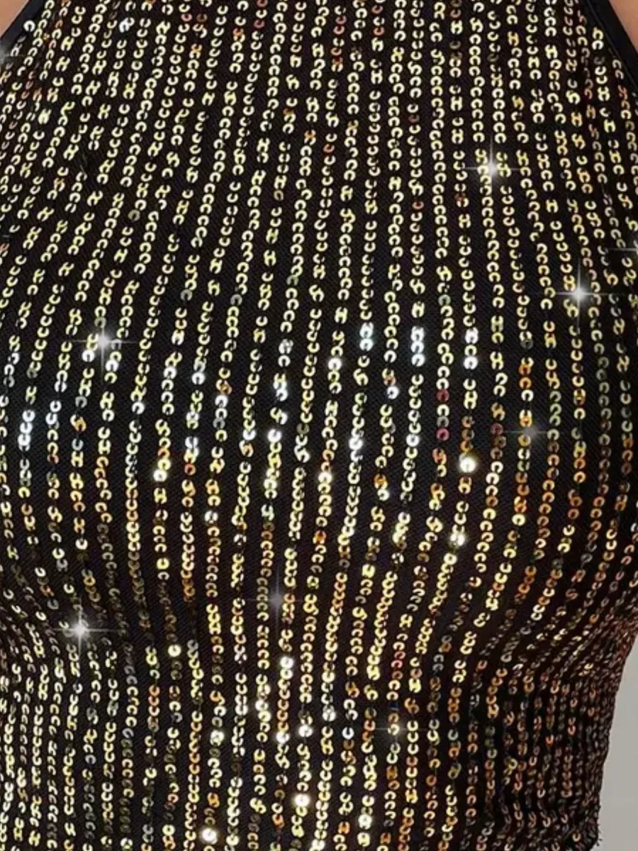 Women's Black and Gold Backless Sequin Halter Top