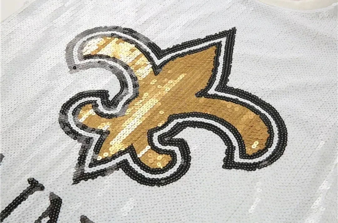 New Orleans Saints "Kamara" White & Gold Sequin Jersey Party Dress