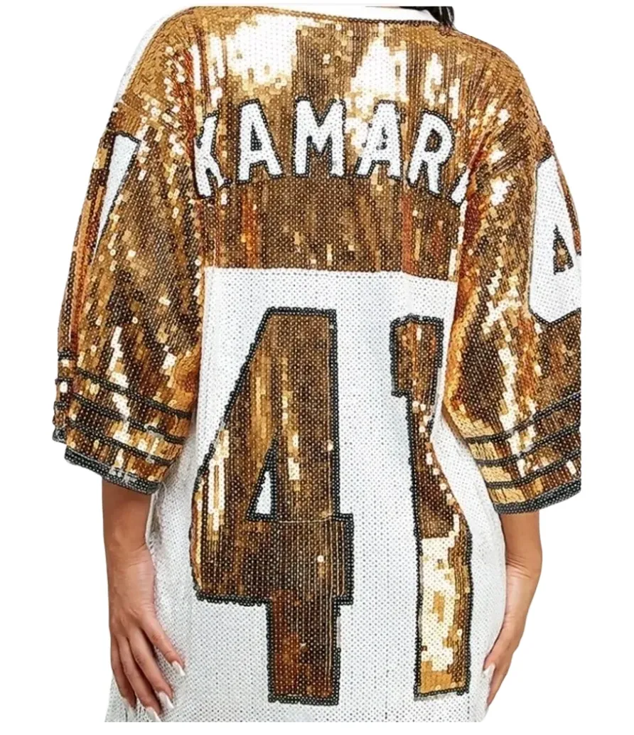 New Orleans Saints "Kamara" White & Gold Sequin Jersey Party Dress